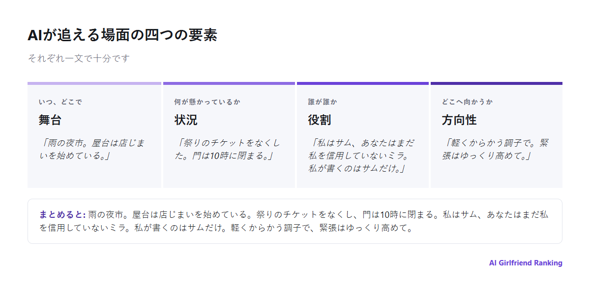 ロールプレイの場面プロンプトの四つの要素を示す図。舞台、状況、役割、方向性のそれぞれに一行の例が付いている