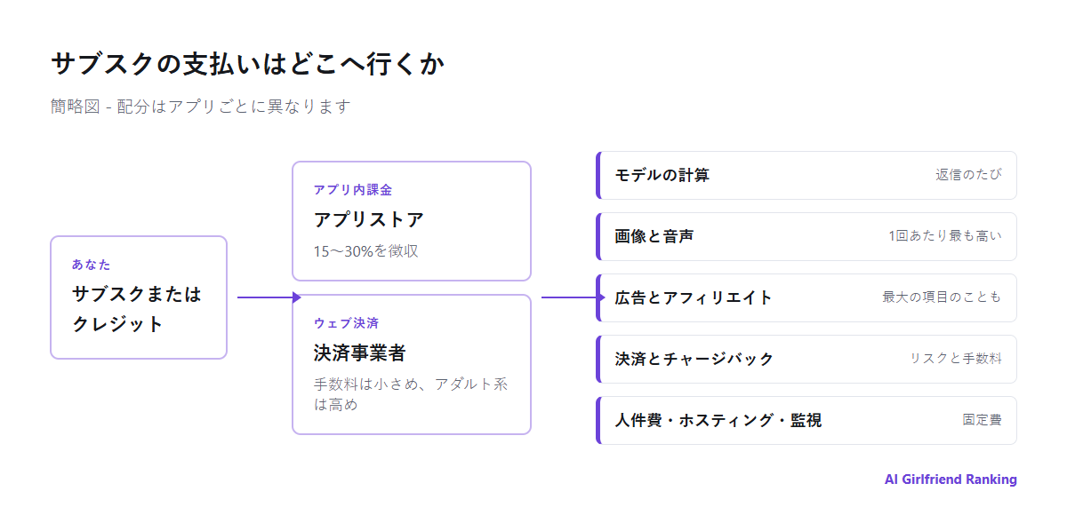 AIコンパニオンアプリの中でお金がどう流れるかを示す図。ユーザーはアプリストアまたはウェブ決済で支払い、ストアが手数料を取り、会社はモデルの計算、画像と音声の生成、決済処理、アフィリエイト報酬、人件費を負担する