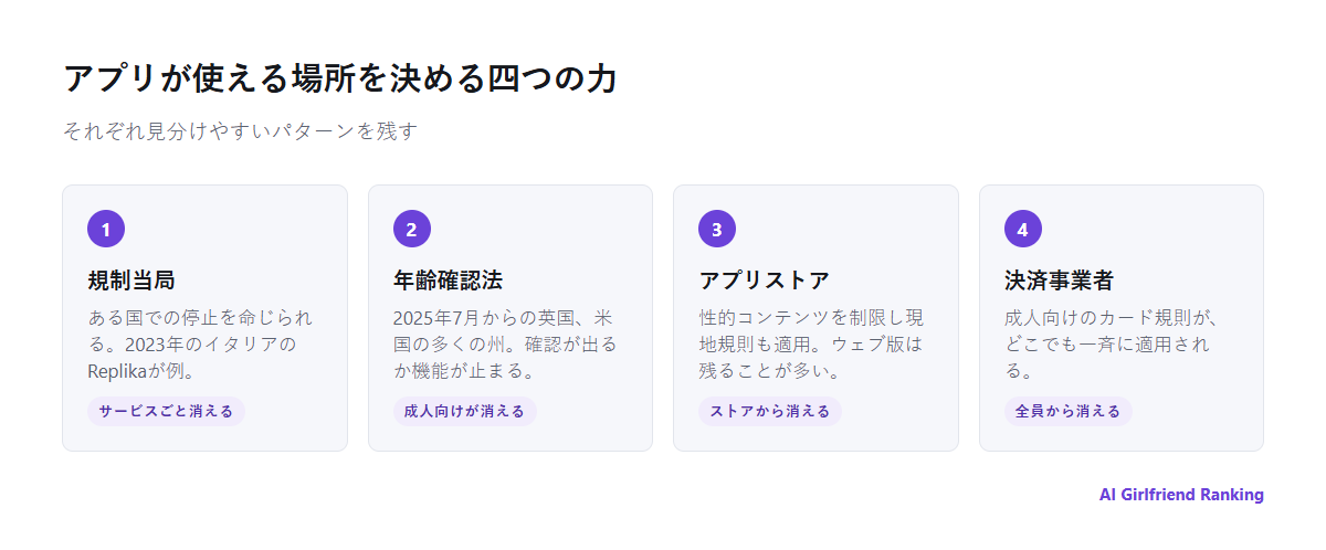 国ごとにAIコンパニオンアプリを制限する四つの力。規制当局、年齢確認法、アプリストア、決済事業者