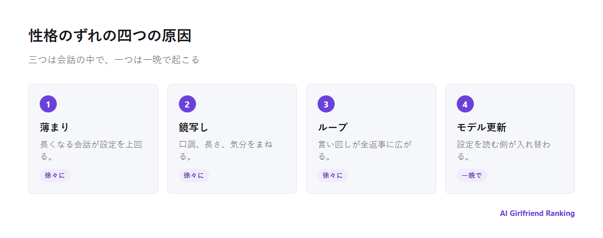 性格のずれの四つの原因。長い会話による薄まり、利用者の鏡写し、繰り返しのループ、運営によるモデル更新
