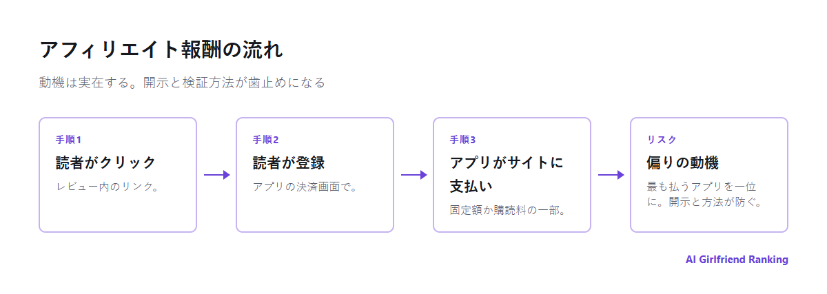 読者の登録からアプリを経てレビューサイトへ渡るアフィリエイト報酬の流れと、レビューに偏りが生まれうる箇所の図