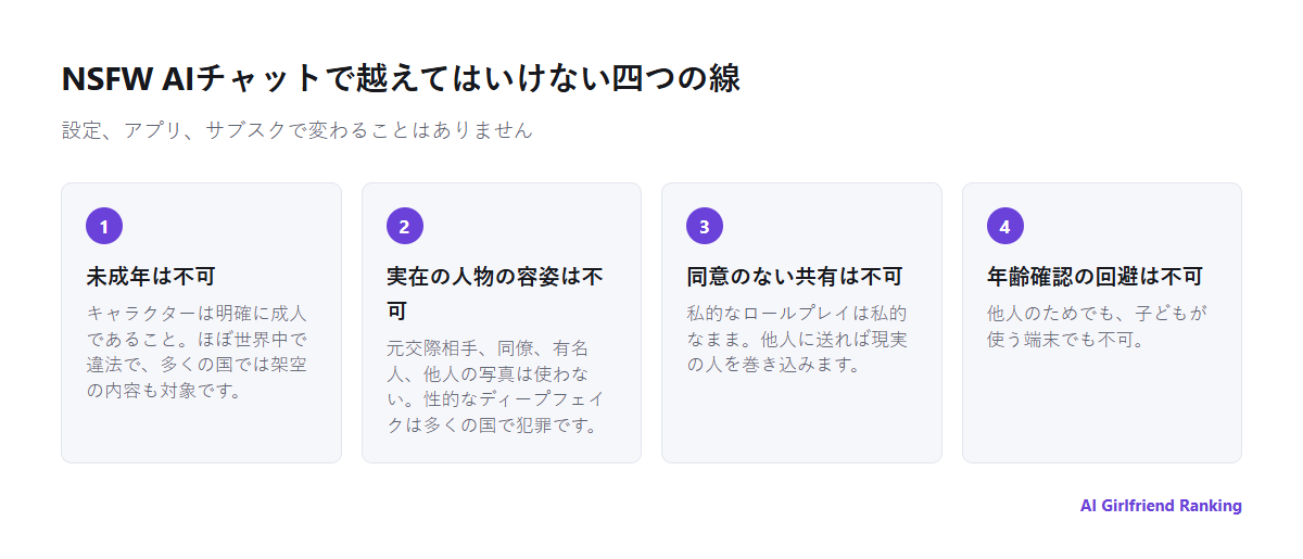 NSFW AIチャットで越えてはいけない四つの線。未成年は不可、実在の人物の容姿は不可、同意のない共有は不可、年齢確認の回避は不可